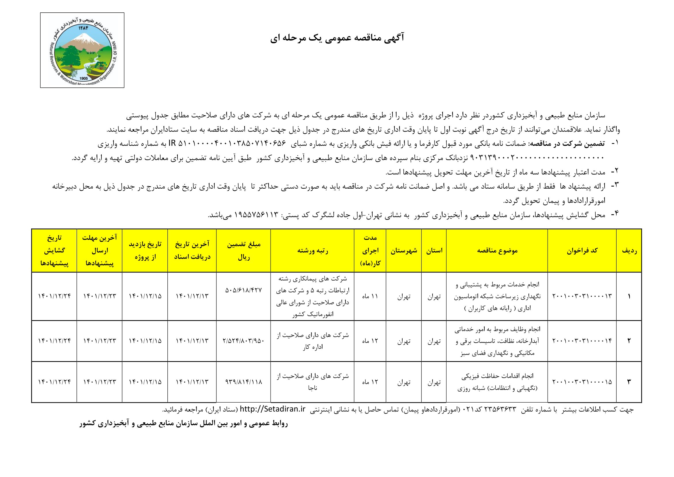 مناقصه وظایف خدماتی، انفورماتیک و حفاظتی (دوم)